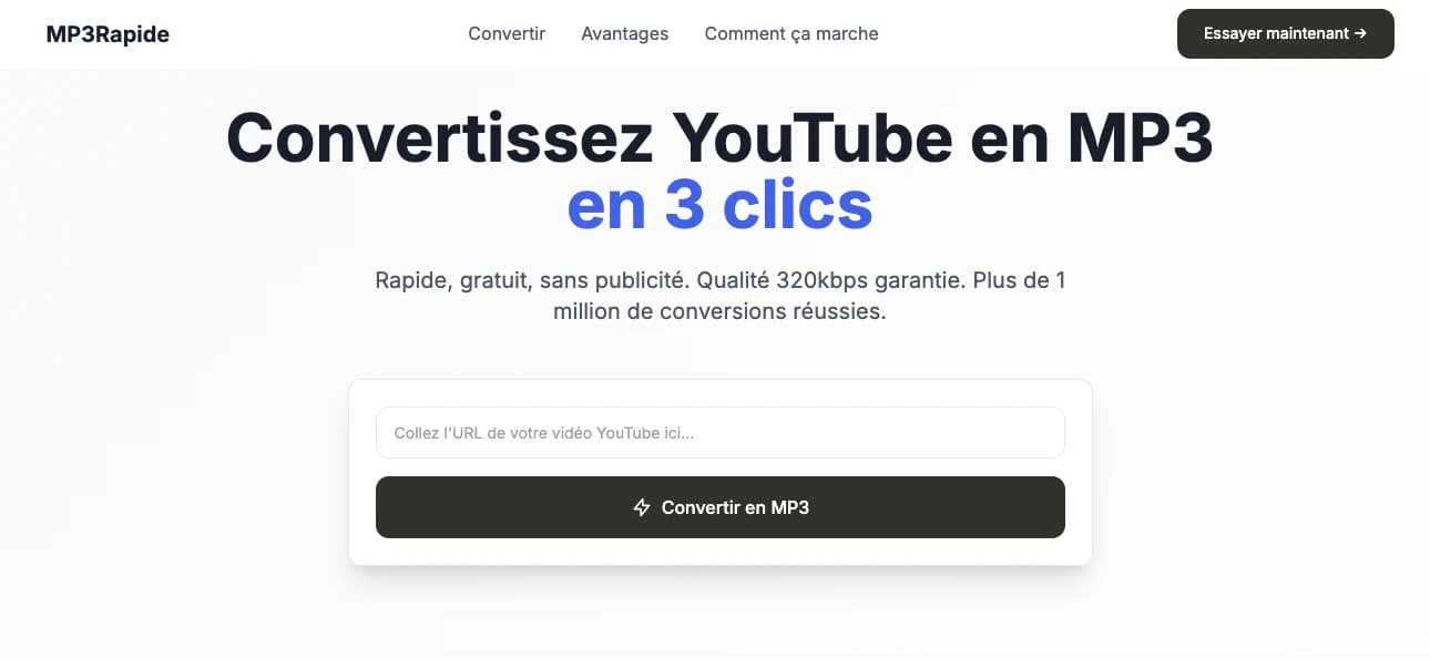 Interface MP3rapide de conversion audio avec sélection de formats et optimisation automatique