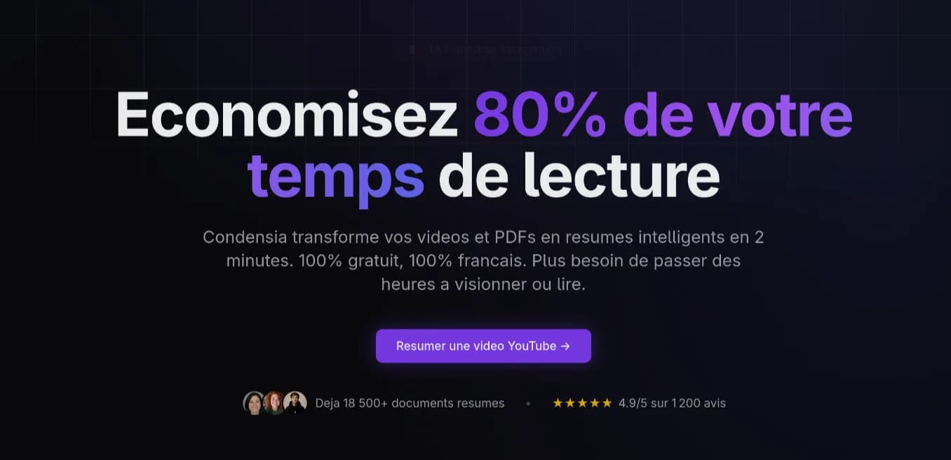 Interface Condensia montrant un résumé de vidéo YouTube avec timeline et moments clés générés par IA