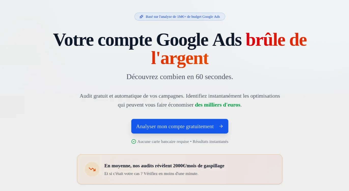 Interface Google Ads Audit pour l'analyse et l'optimisation des campagnes publicitaires