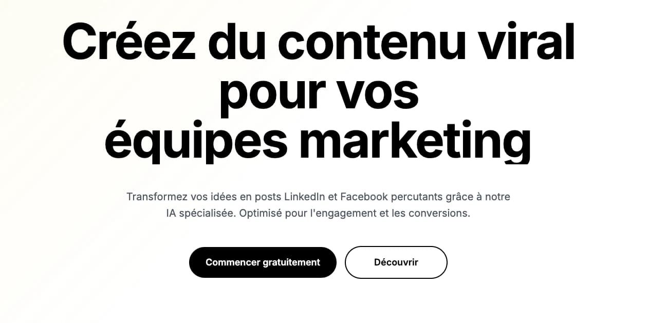 Interface rsFacile de génération de contenu marketing viral avec suggestions IA pour LinkedIn et Facebook